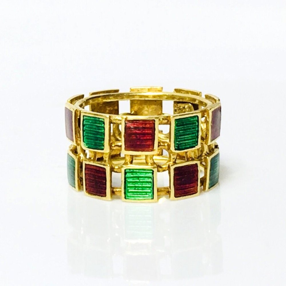 Gucci 18k Gold Two Row Enamel Ring
